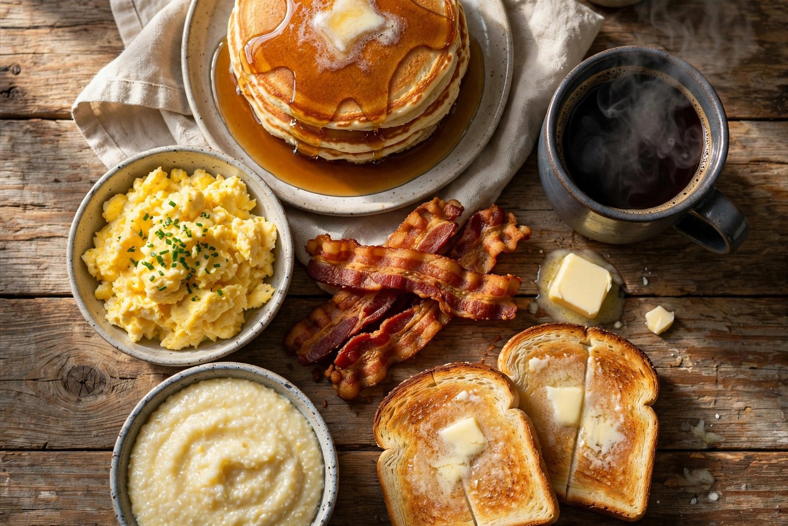Southern breakfast with pancakes, eggs, bacon and coffee at East Shore Cafe