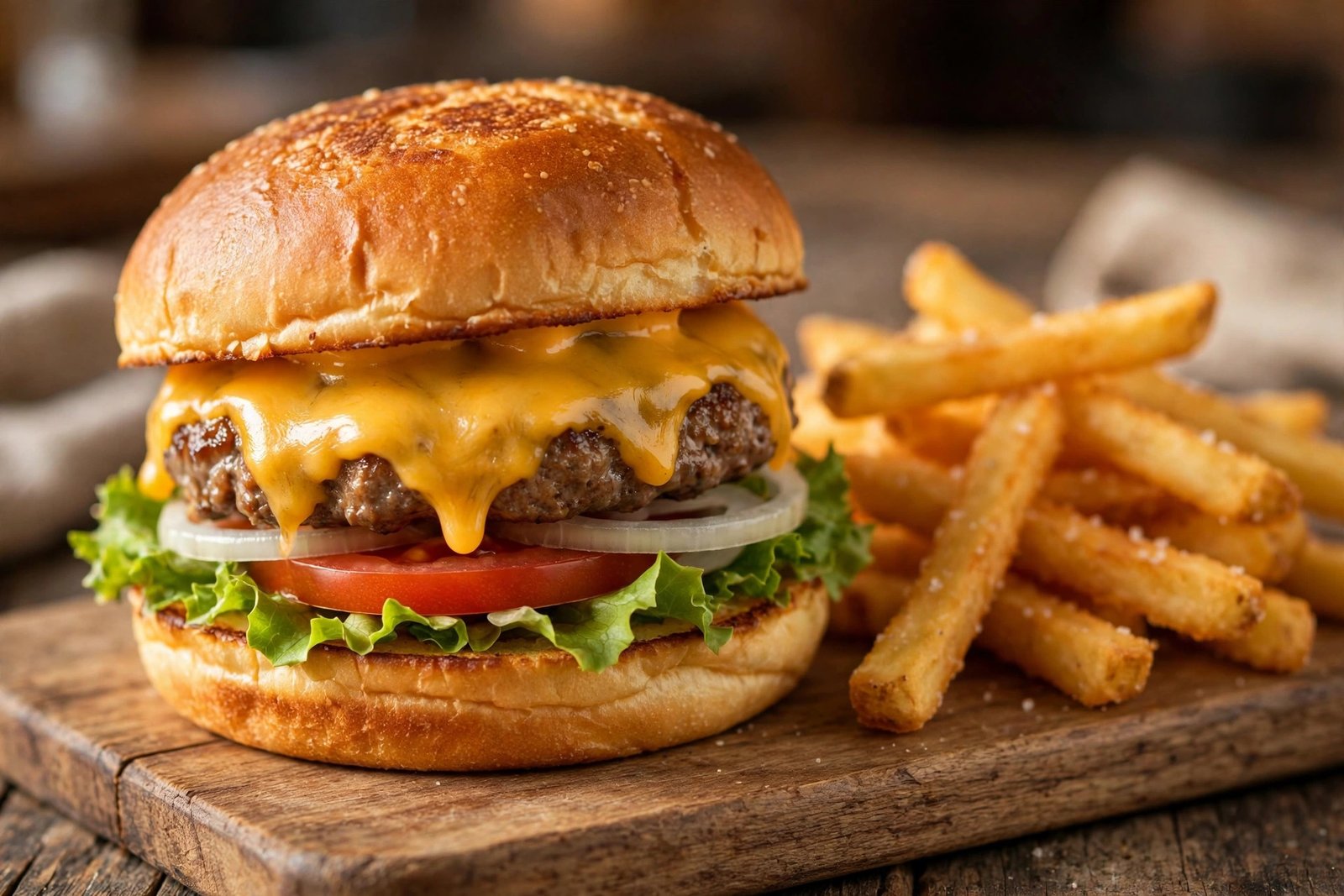 Classic cheeseburger with fries at East Shore Cafe